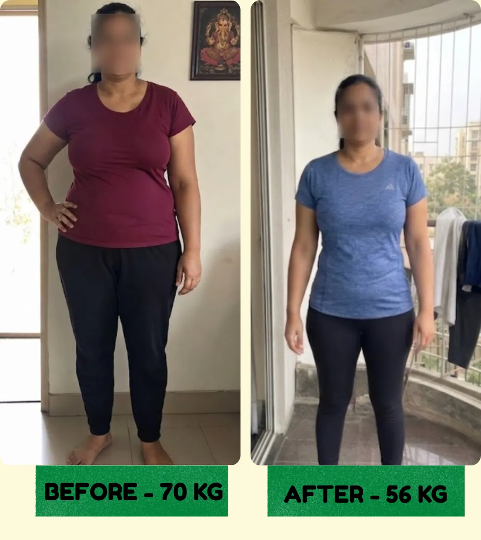 Client transformation: 70 kg before, 56 kg after