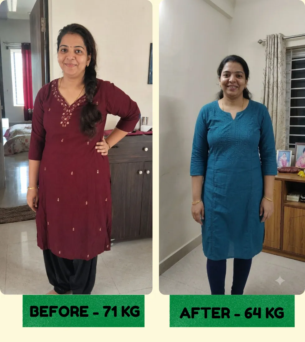 Client transformation: 71 kg before, 64 kg after