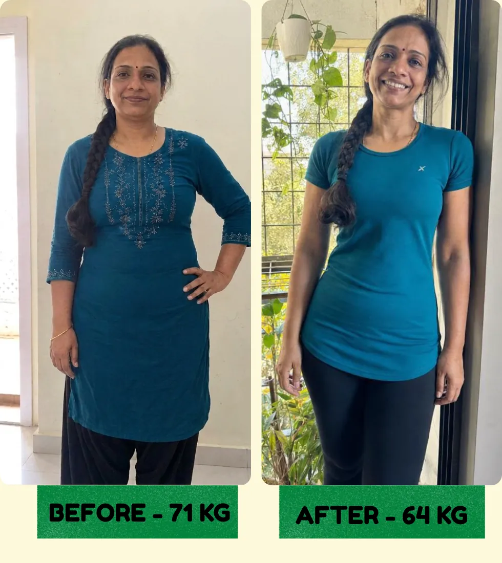 Client transformation: 71 kg before, 64 kg after