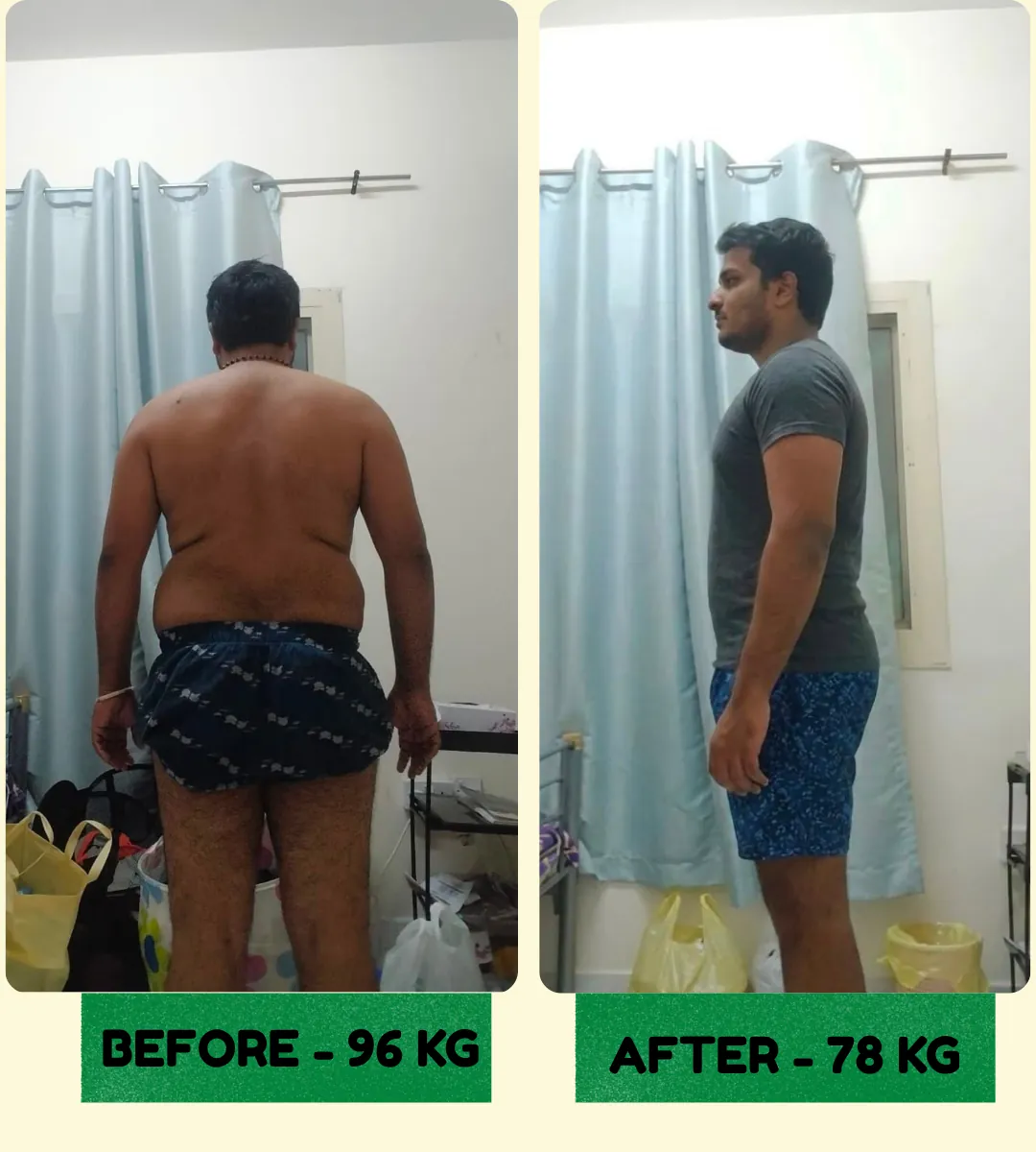 Client transformation: 96 kg before, 78 kg after