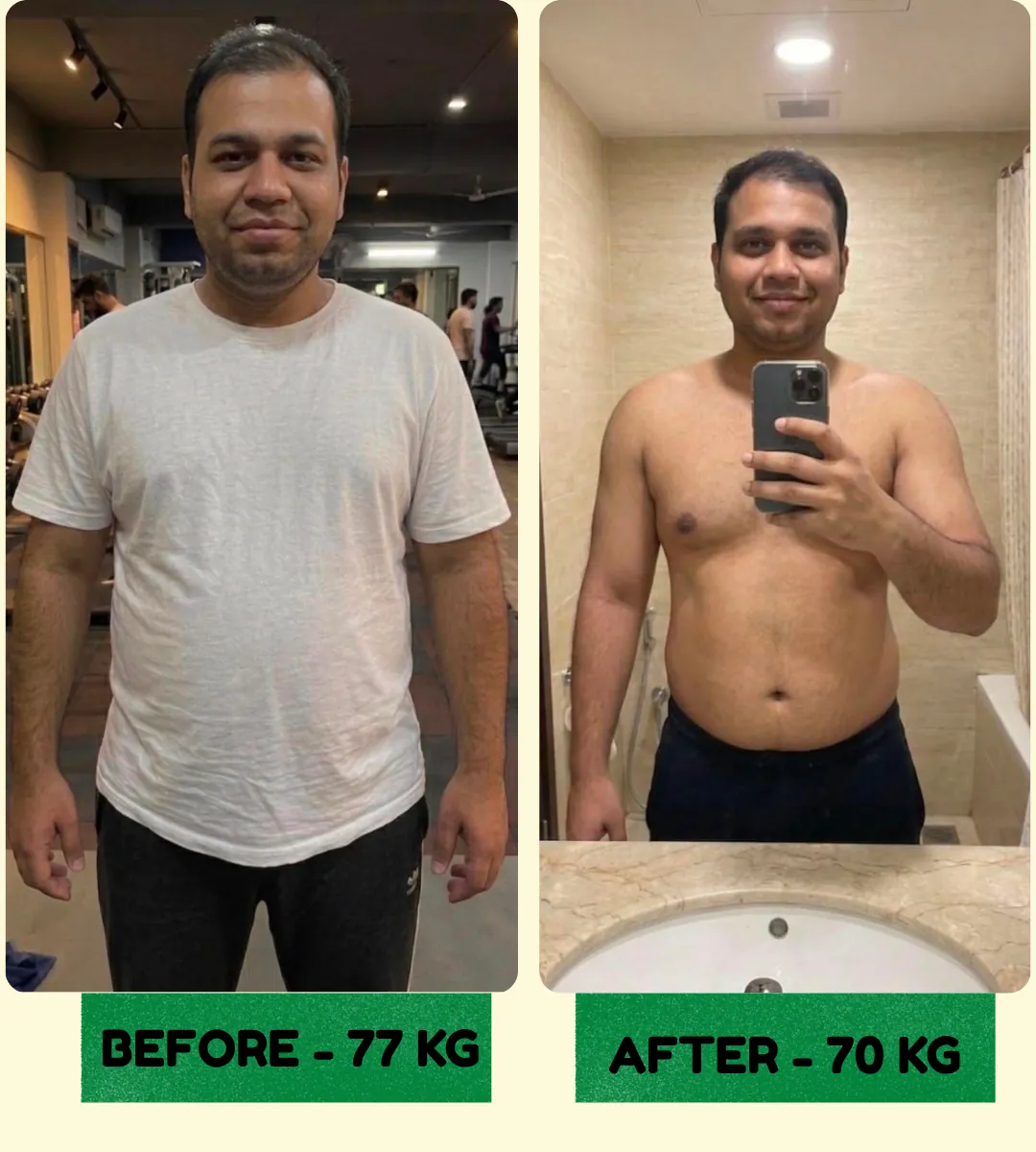 Client transformation: 77 kg before, 70 kg after