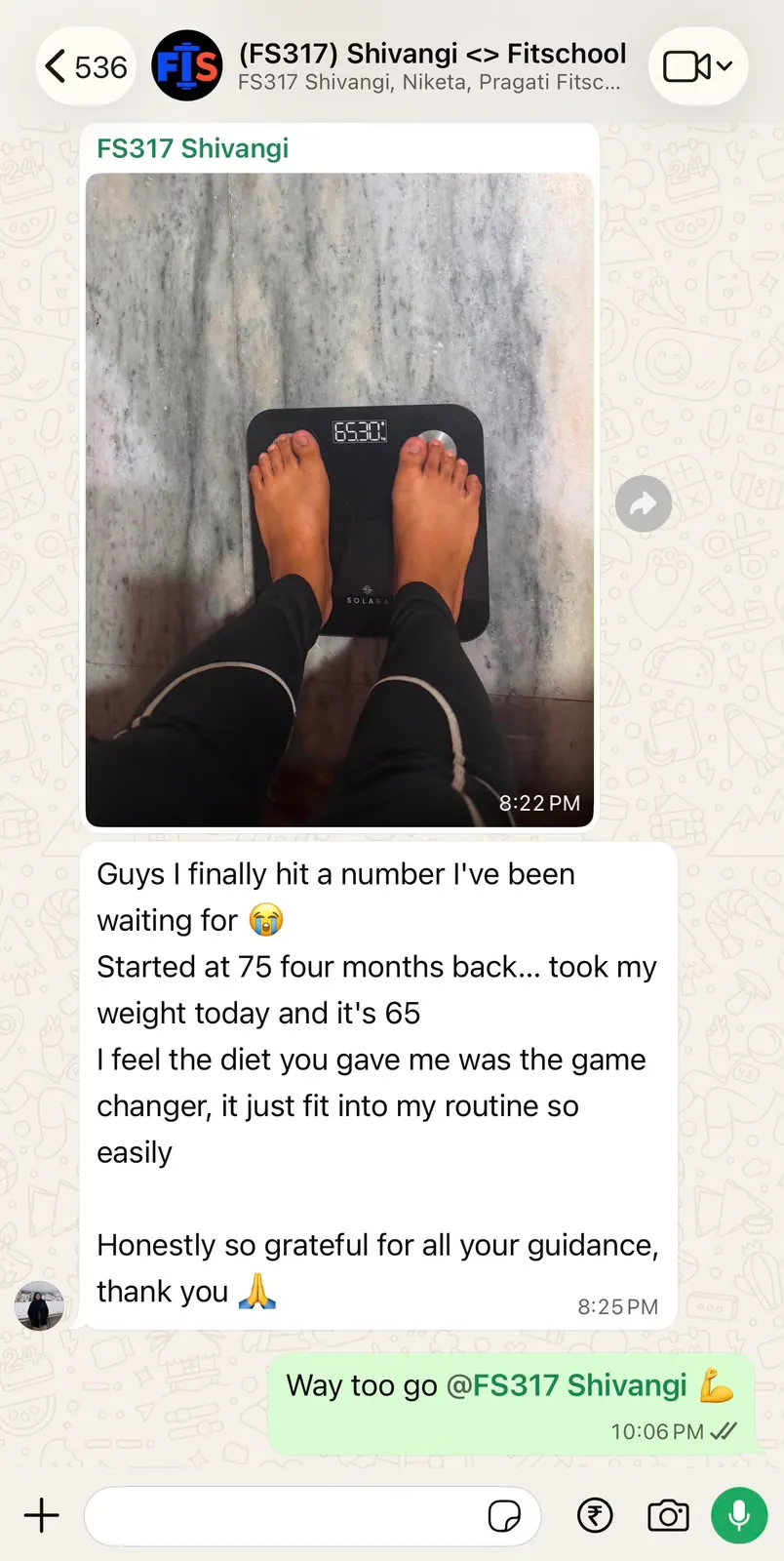 WhatsApp client feedback: down from 75 kg to 65 kg in four months